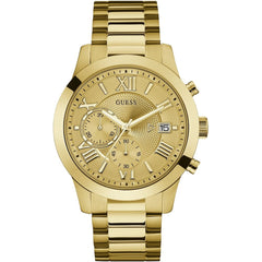 Front view of Guess Atlas W0668G4 watch with gold dial and gold metal strap