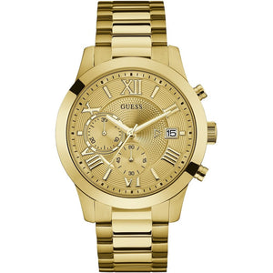 Front view of Guess Atlas W0668G4 watch with gold dial and gold metal strap