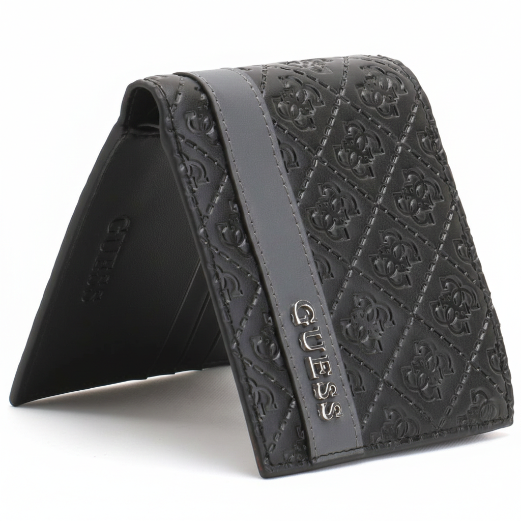 Perspective view of a standing Guess men's black leather bifold wallet showcasing the all-over embossed logo pattern and silver metal lettering