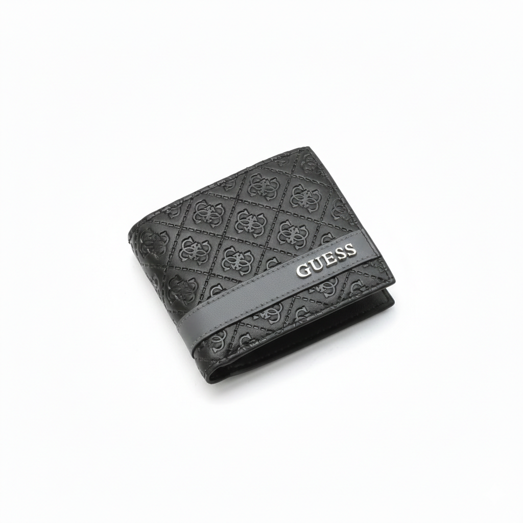 Close-up angled view of a Guess men's black genuine leather wallet highlighting the all-over embossed logo pattern and a smooth center band with silver metal Guess lettering