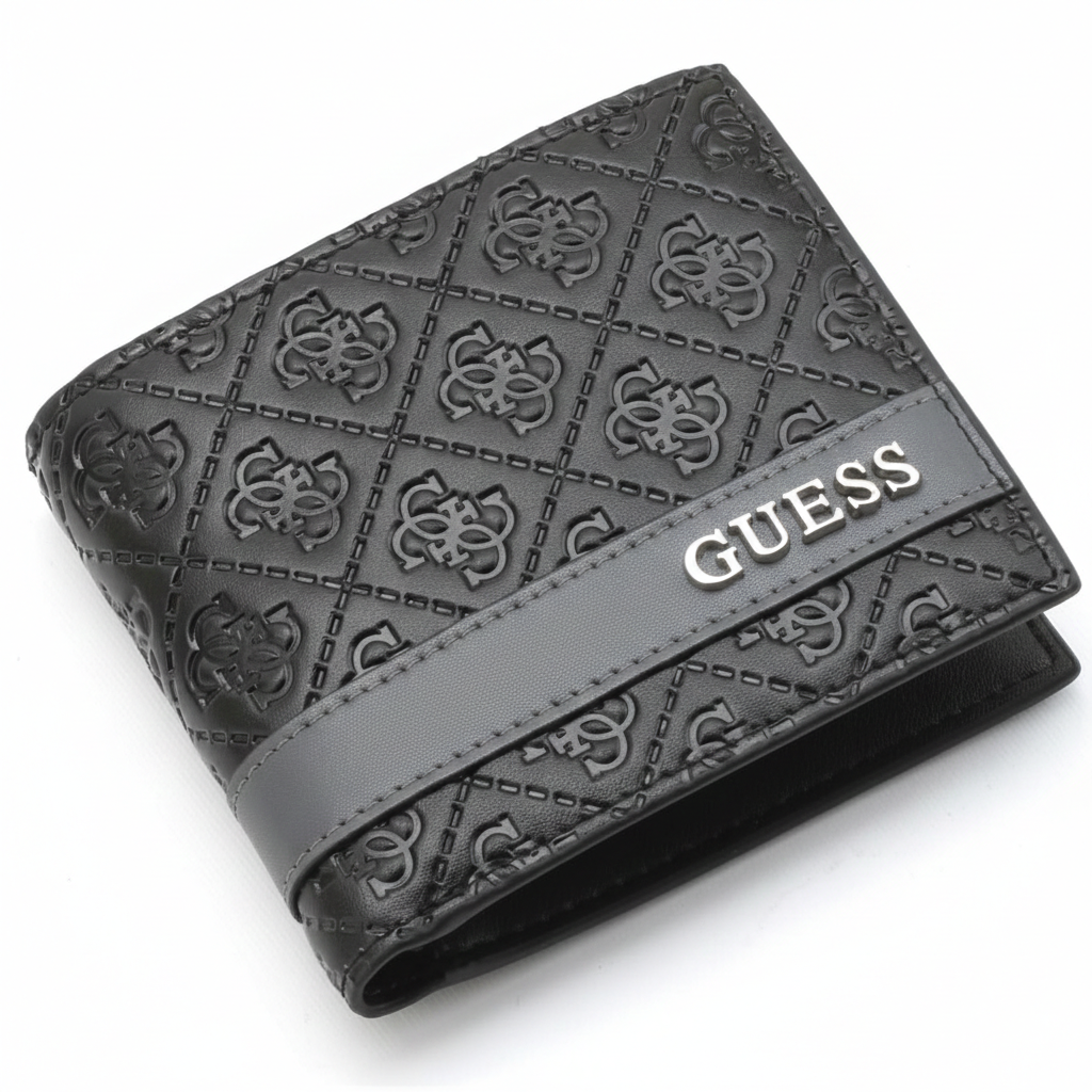Close-up angled view of a Guess men's black genuine leather wallet highlighting the all-over embossed logo pattern and a smooth center band with silver metal Guess lettering