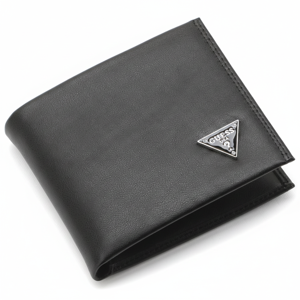 Close-up angled view of a Guess men's black smooth leather wallet highlighting the premium finish and the iconic silver metal triangle Guess USA logo
