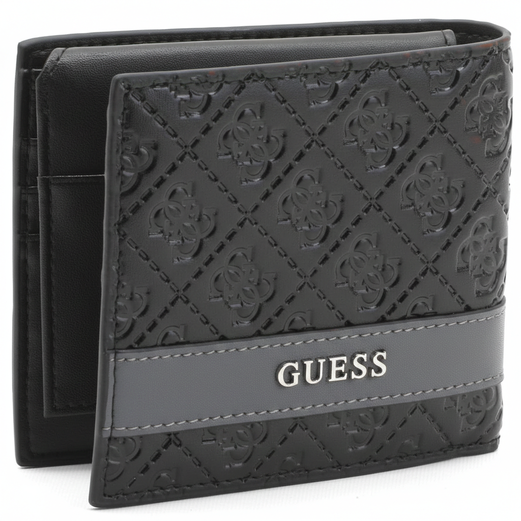 Straight-on front view of a Guess men's black genuine leather bifold wallet featuring a repeating embossed logo pattern and a smooth band with a silver metal Guess logo