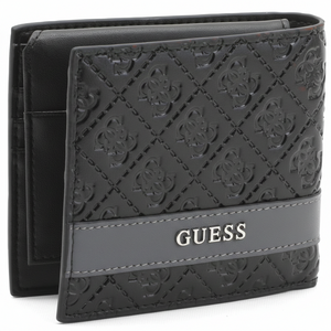 Straight-on front view of a Guess men's black genuine leather bifold wallet featuring a repeating embossed logo pattern and a smooth band with a silver metal Guess logo