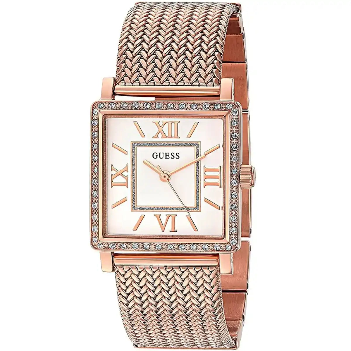 Angled view of the Guess W0826L3 highlighting the rose gold mesh strap and thin square case