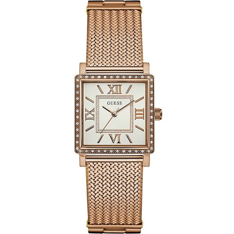 Guess Chelsea W0826L3 ladies watch with square rose gold case, crystal bezel and mesh bracelet