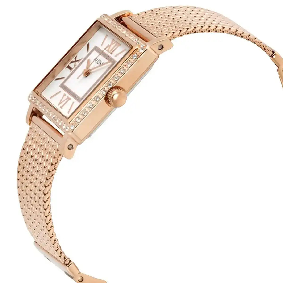 Side profile view of the slim 8mm rose gold tone case of the Guess Chelsea