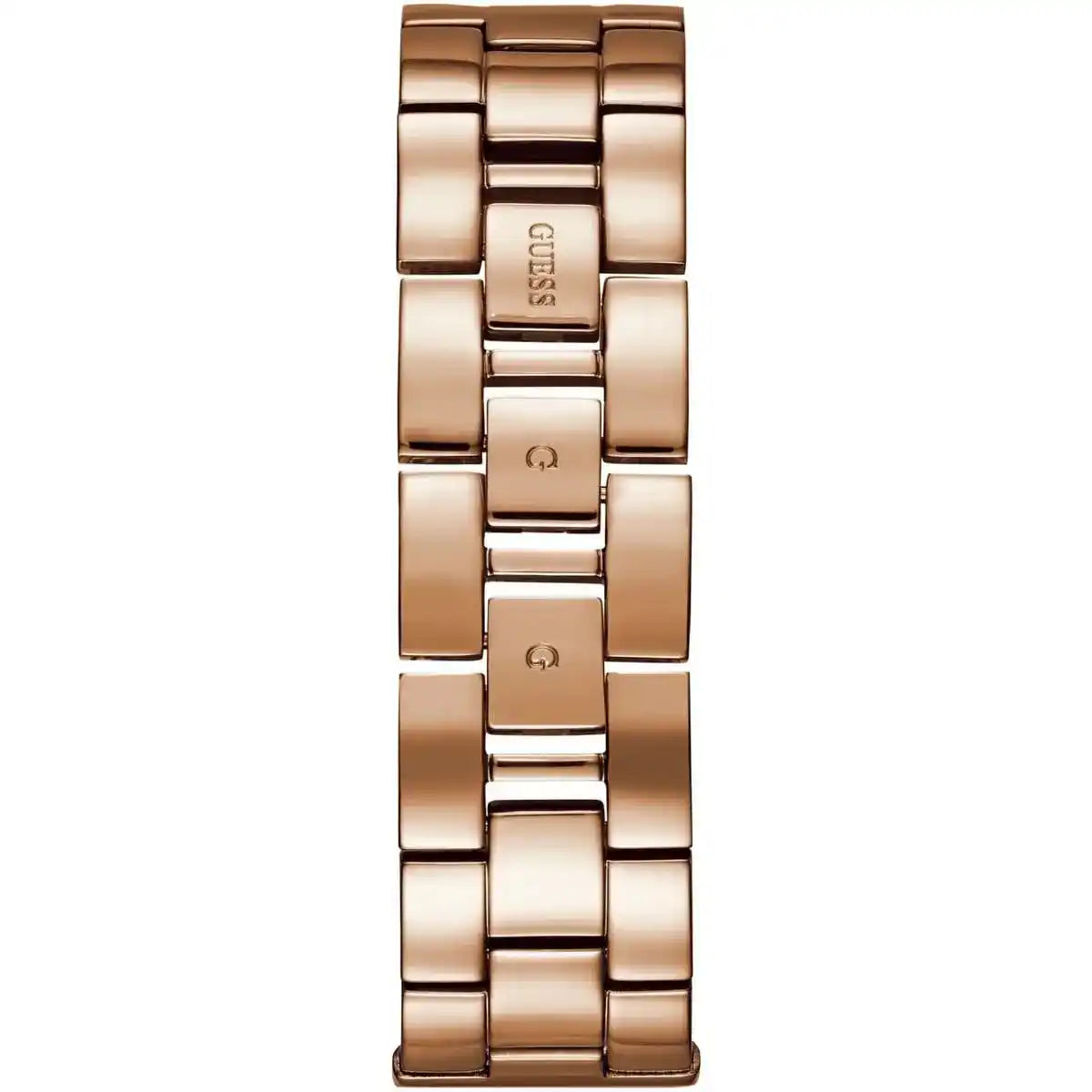 Rose gold tone stainless steel sliding clasp with Guess logo on the mesh bracelet of the W0826L3