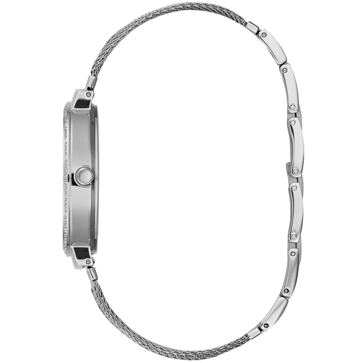 Angled view of the Guess W1083L1 highlighting the polished silver finish and mesh texture