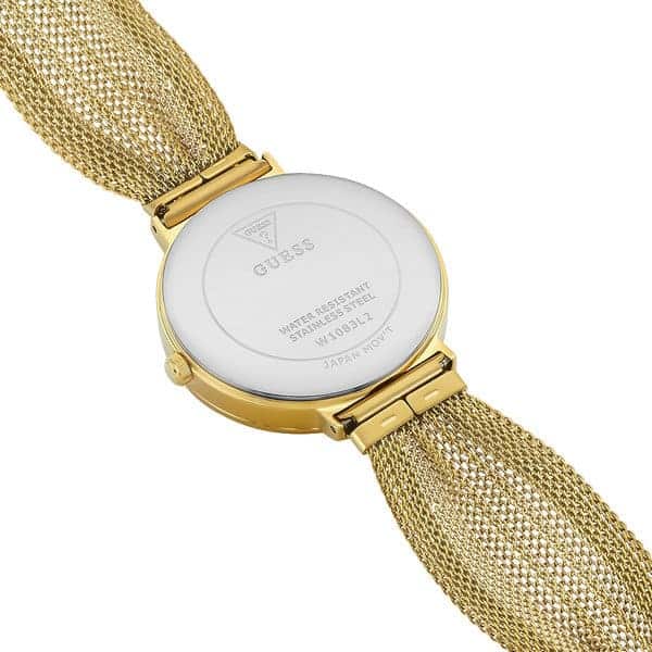 Back view of the Guess W1083L2 watch showing the stainless steel caseback and Chiffon details