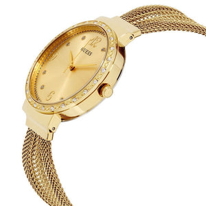 Left side perspective of the Guess Chiffon W1083L2 gold dial and crown