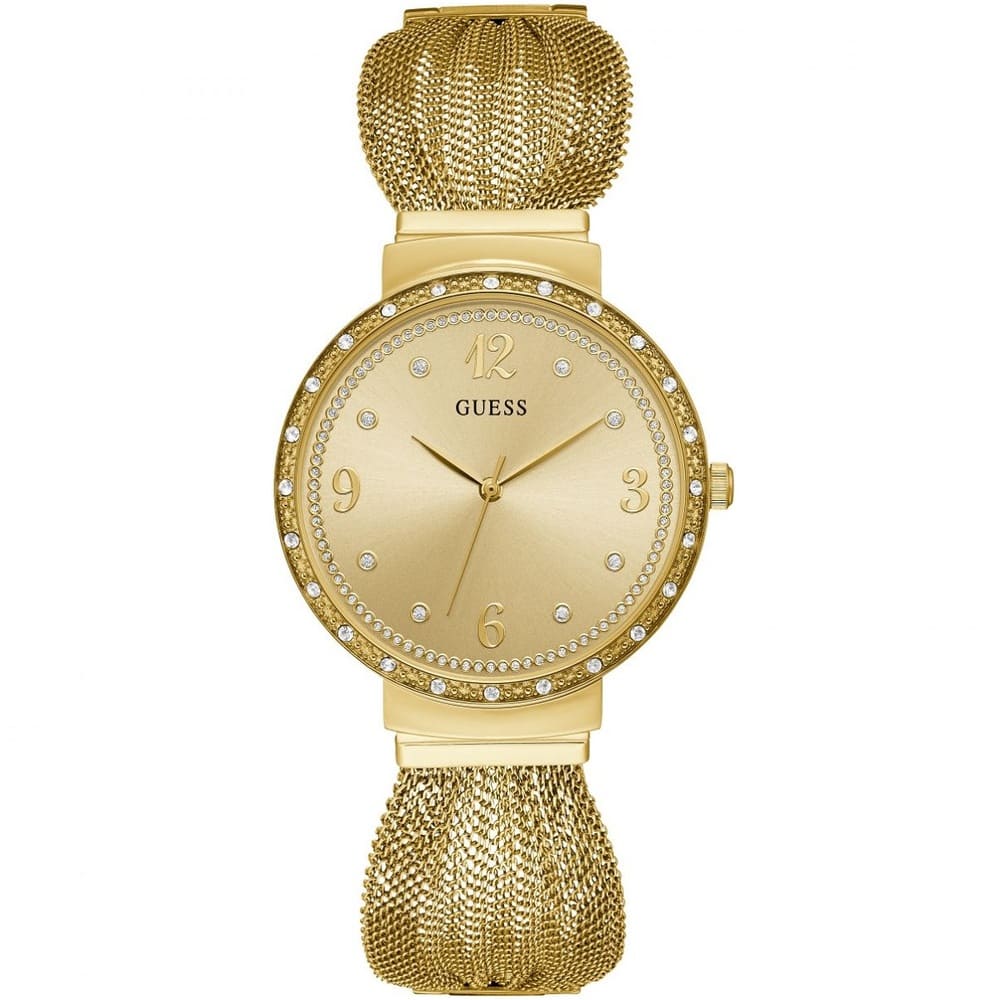 Guess Chiffon W1083L2 ladies watch with gold tone case, crystal bezel, and unique mesh bracelet
