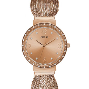 Guess Chiffon W1083L3 ladies watch with rose gold case, crystal bezel, and mesh bracelet