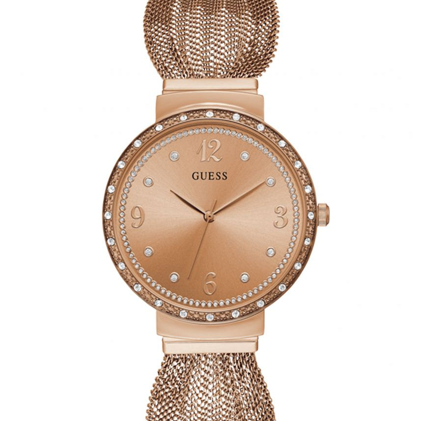 Guess Chiffon W1083L3 ladies watch with rose gold case, crystal bezel, and mesh bracelet