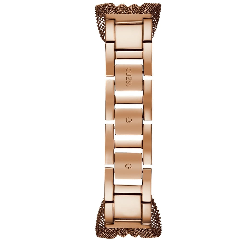 Side profile view of the 9mm thick rose gold case of the Guess Chiffon watch