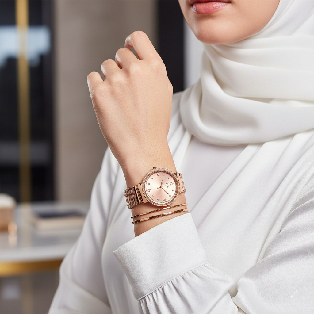 Close up shot of Guess W1083L3 watch on wrist showing the rose gold mesh strap and crystal details