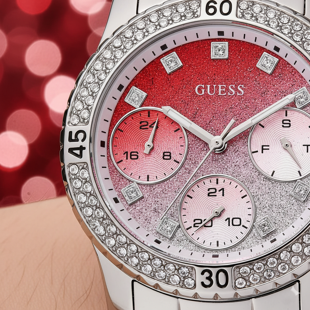 Close up shot of Guess Confetti W0774L7 watch on wrist showing the sparkling gradient dial and sub-dials