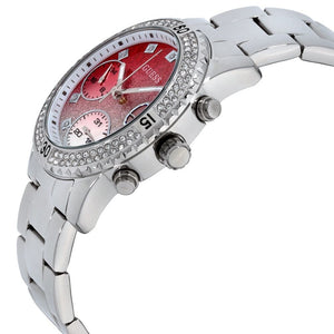 Angled view of the Guess W0774L7 highlighting the polished silver finish and crystal-studded bezel