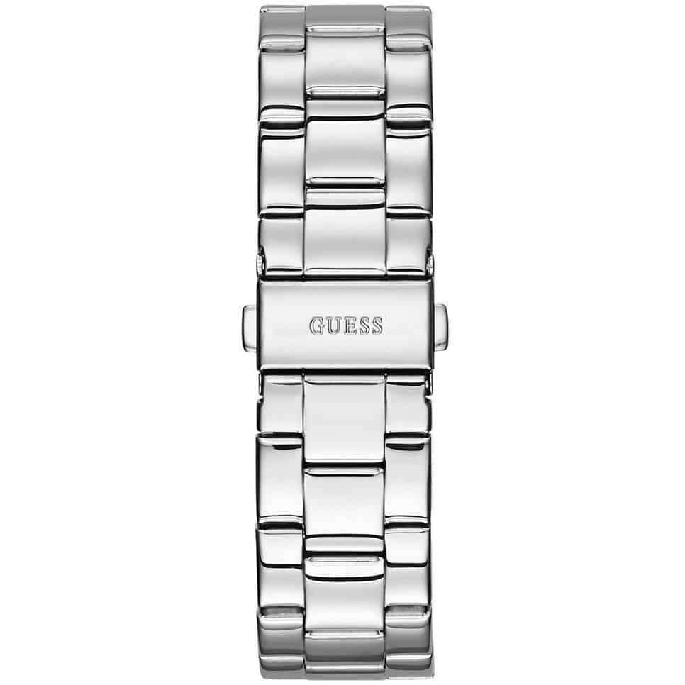 Silver stainless steel deployment buckle clasp with Guess logo on the bracelet of the W0774L7