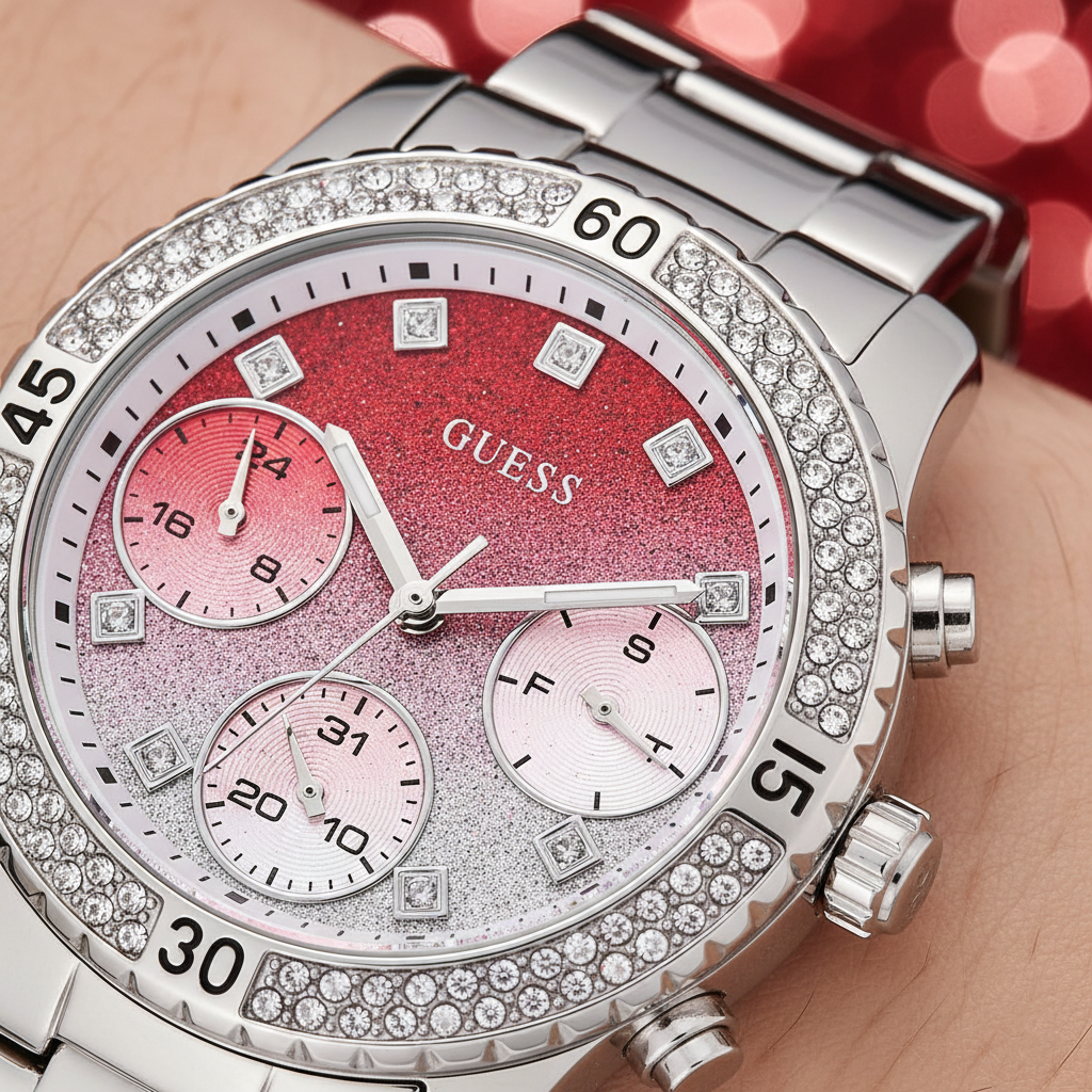 Close up shot of Guess Confetti W0774L7 watch on wrist showing the sparkling gradient dial and sub-dials