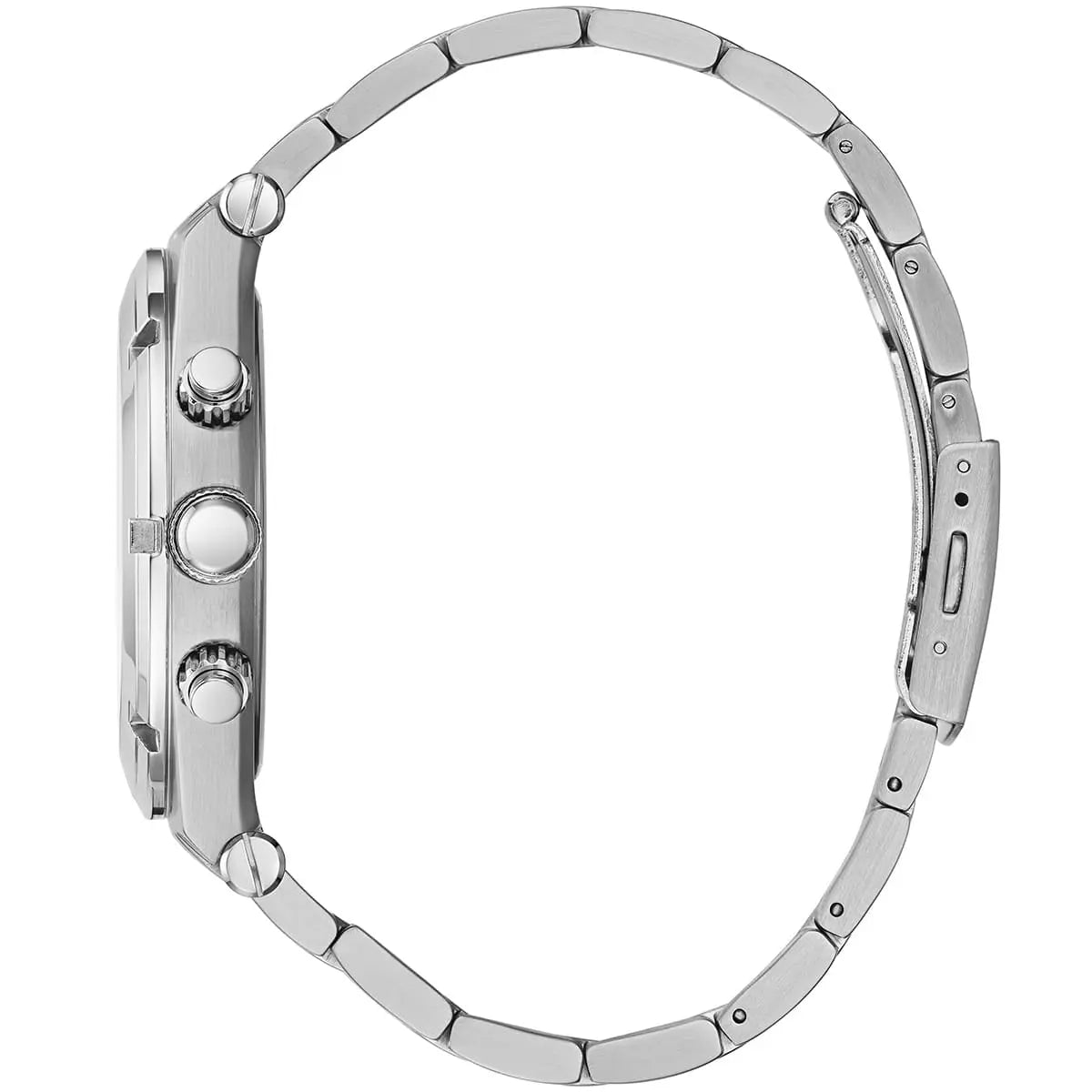 Side profile view of the 11mm thick silver stainless steel case of the Guess Continental watch