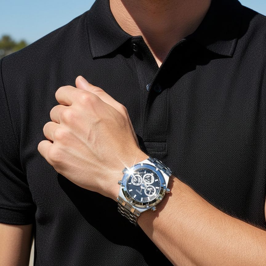 Close up shot of Guess Continental GW0260G1 watch on wrist showing the skeletonized sub-dials