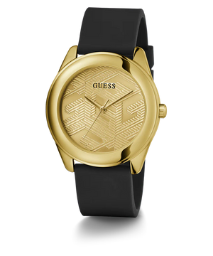 Left side perspective of the Guess Cubed GW0665L1 black rubber strap connection