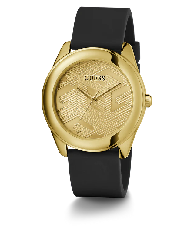 Left side perspective of the Guess Cubed GW0665L1 black rubber strap connection