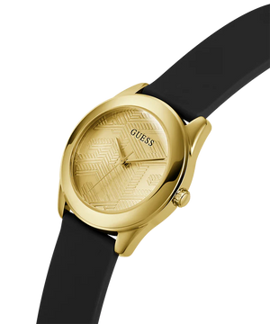 Side profile view of the 11mm thick gold stainless steel case of the Guess Cubed watch