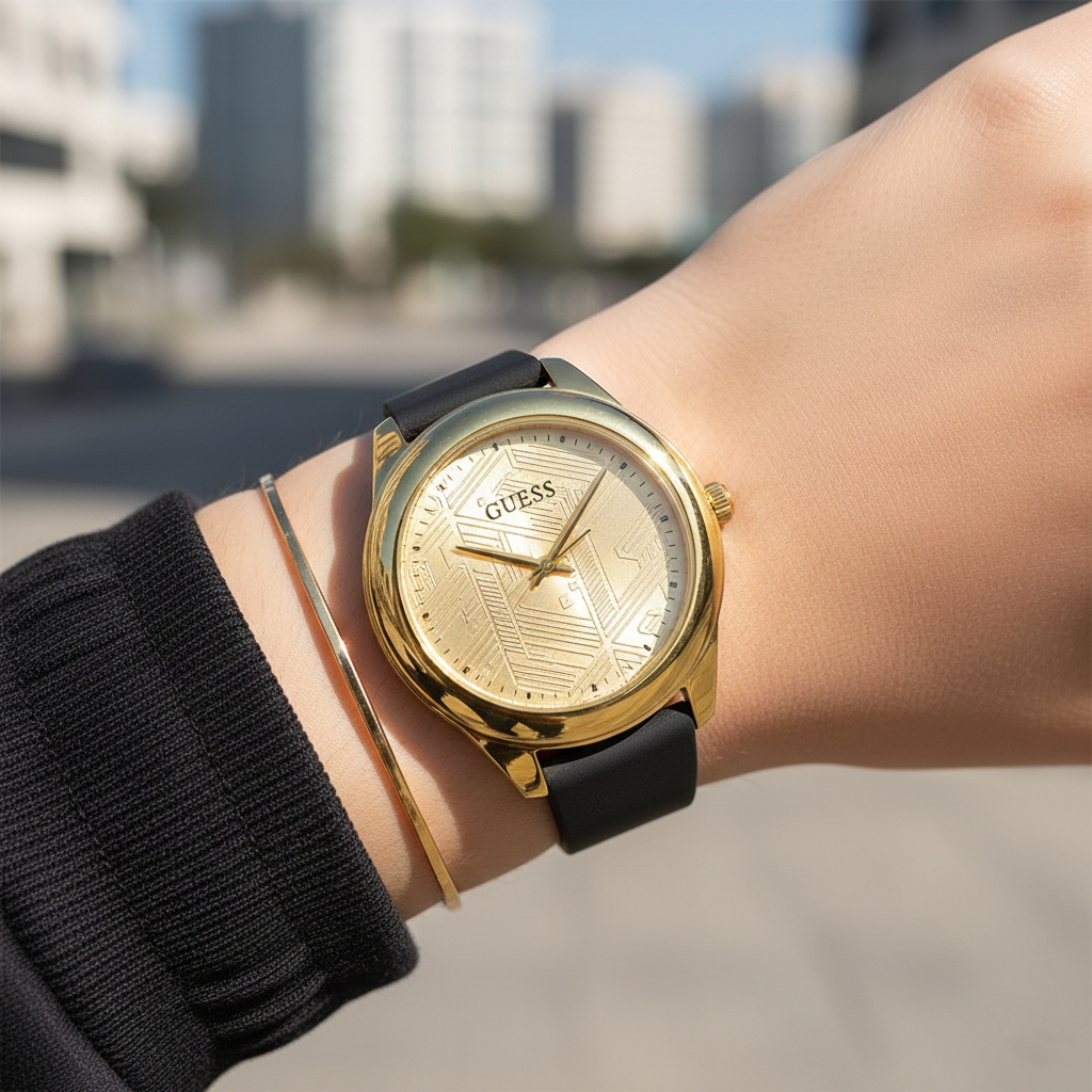 Close up shot of Guess Cubed GW0665L1 watch on wrist showing the 3D cube pattern on the champagne dial