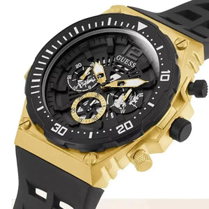Angled view of the Guess GW0325G1 highlighting the gold-tone stainless steel case and bezel screws