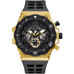 Guess Cut-Thru GW0325G1 men's watch with gold-tone phoenix case and black rubber strap