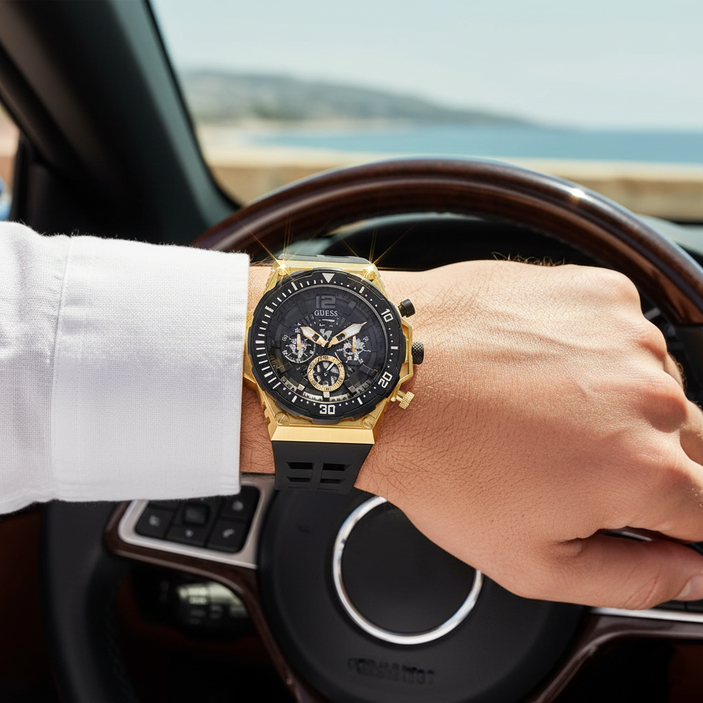 Male model wearing Guess Cut-Thru GW0325G1 gold and black watch with an urban industrial outfit
