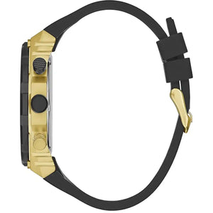 Side profile view of the 12.5mm thick gold-tone case of the Guess Cut-Thru watch