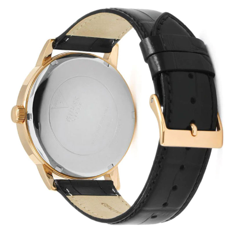 Rose gold tone buckle clasp on the black leather strap of the W0870G2