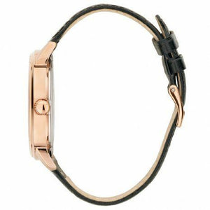 Left side perspective of the Guess Delancy W0870G2 black leather strap stitching