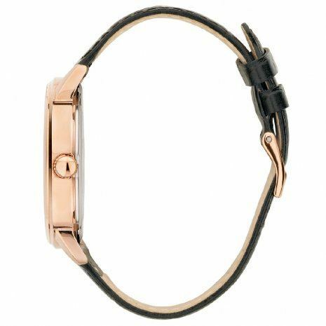Left side perspective of the Guess Delancy W0870G2 black leather strap stitching