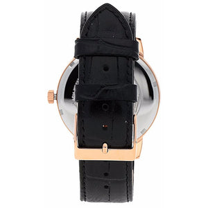 Rose gold tone buckle clasp on the black leather strap of the W0870G2