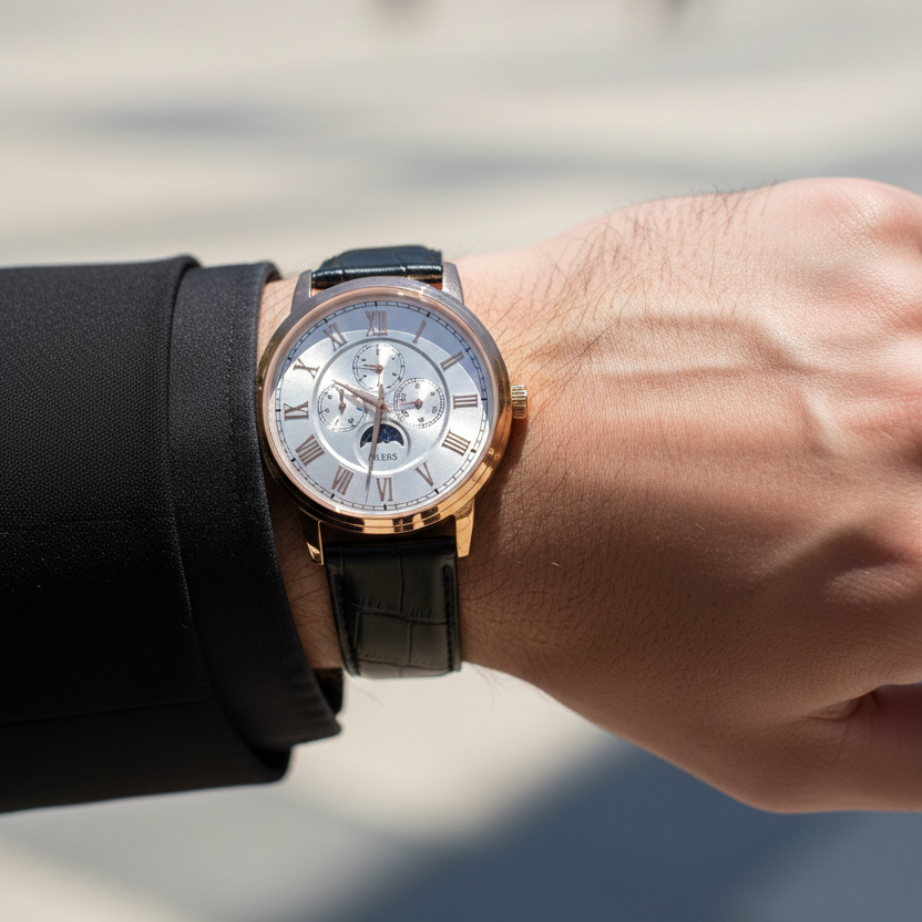 Man wearing Guess Delancy W0870G2 rose gold leather watch with a tuxedo or formal suit