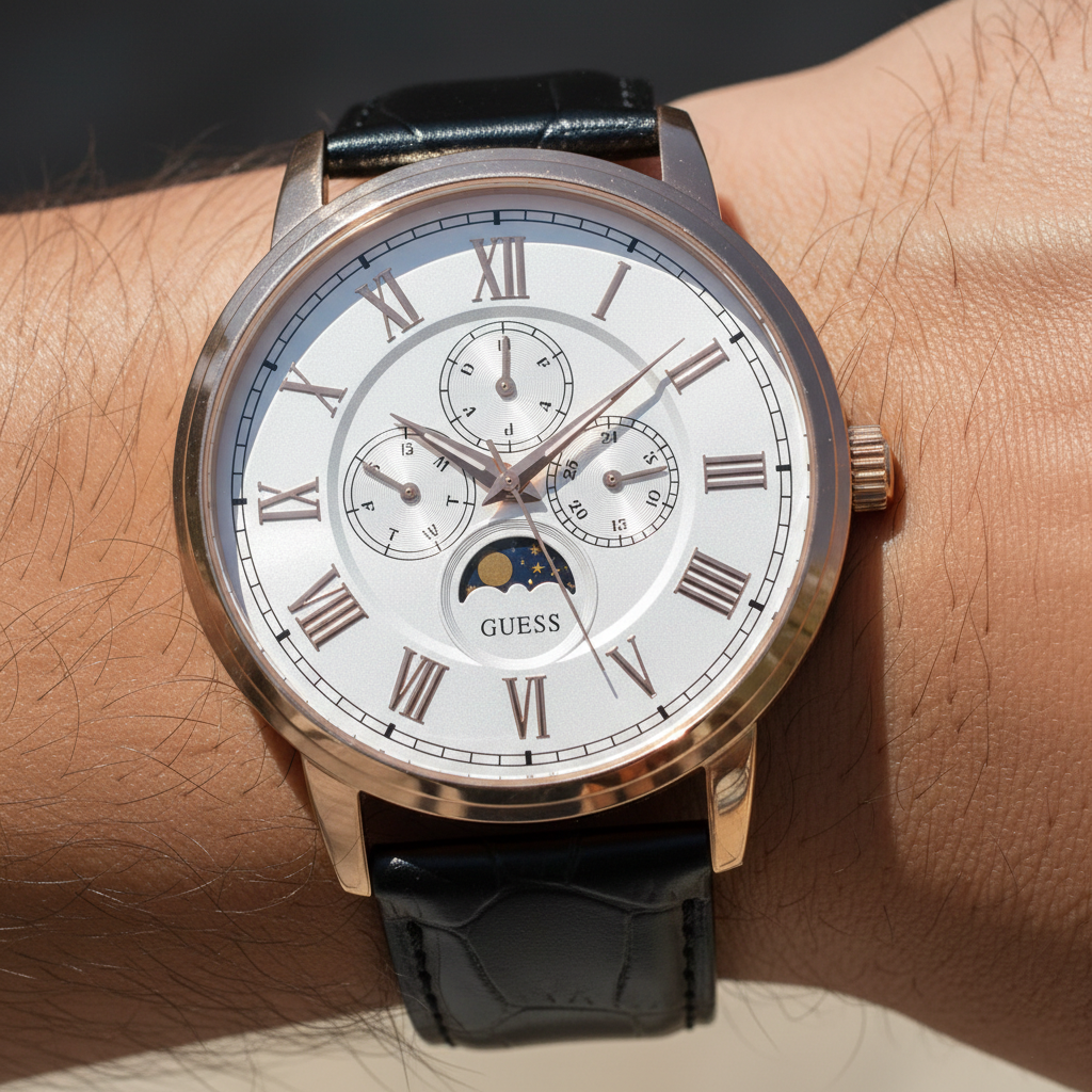 Close up shot of Guess Delancy W0870G2 watch on wrist showing the moon phase sub-dial and roman numerals