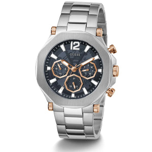 Angled view of the Guess GW0539G1 highlighting the brushed silver case edges and rose gold pushers