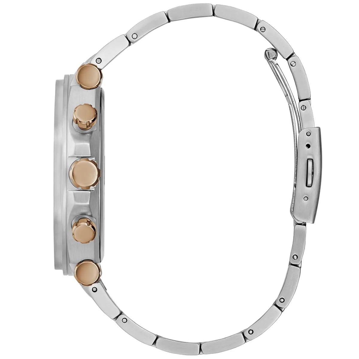 Detailed side view of the rose gold crown and silver geometric bezel on the Guess GW0539G1