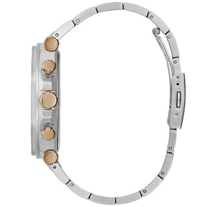 Detailed side view of the rose gold crown and silver geometric bezel on the Guess GW0539G1