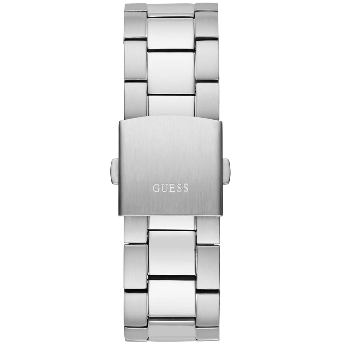 Silver stainless steel deployment buckle clasp with Guess logo on the bracelet of the GW0539G1