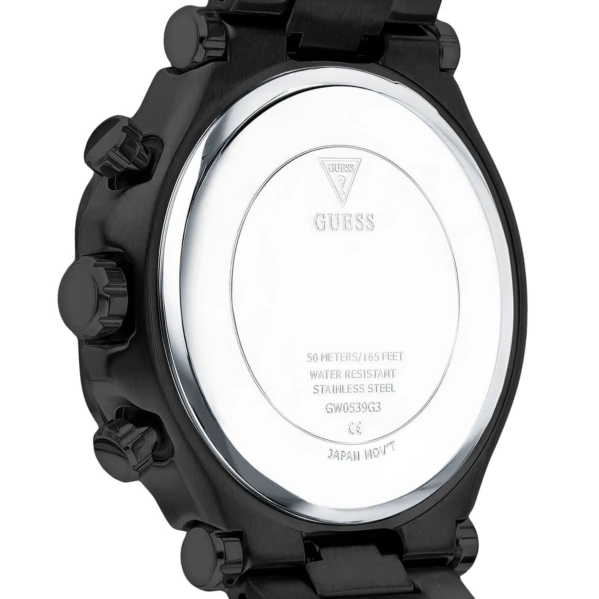 Back view of the Guess GW0539G3 watch showing the stainless steel caseback and serial number details