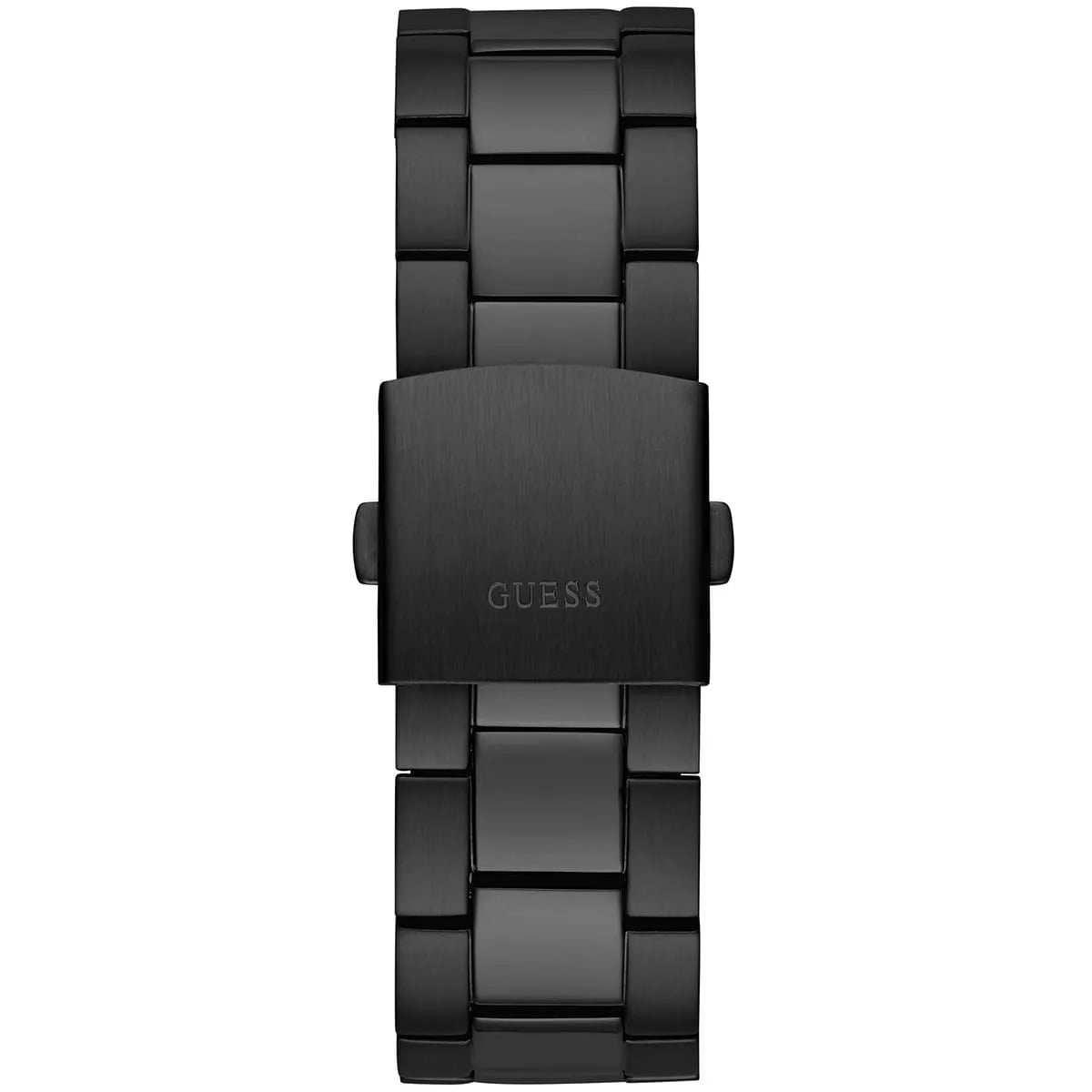 Black stainless steel deployment buckle clasp with Guess logo on the bracelet of the GW0539G3