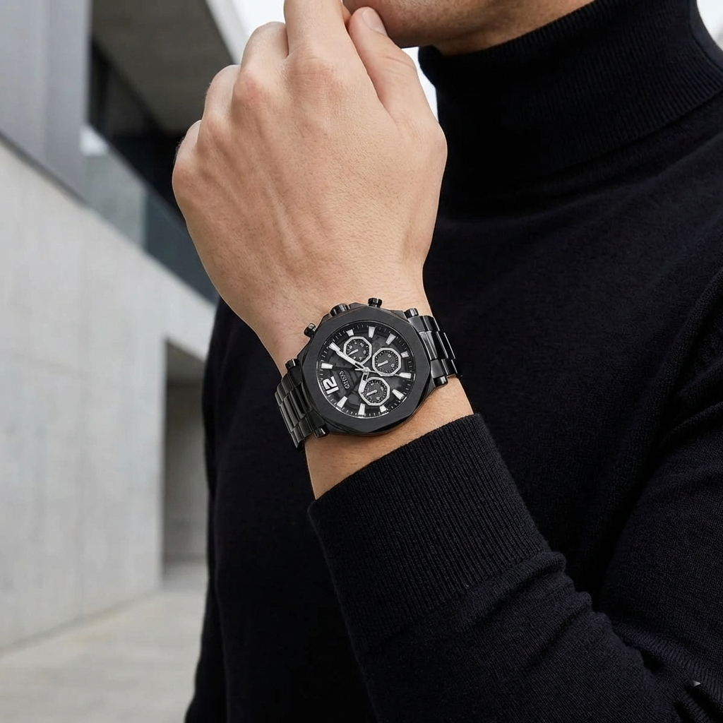 Male model wearing Guess Edge GW0539G3 full black watch with a sharp monochrome outfit