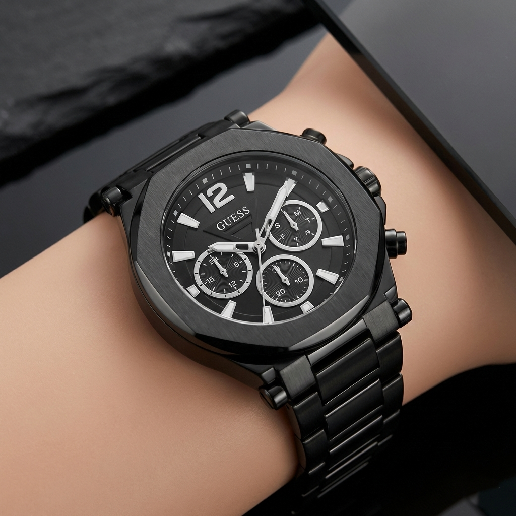 Close up shot of Guess Edge GW0539G3 watch on wrist showing the black industrial dial and octagonal bezel