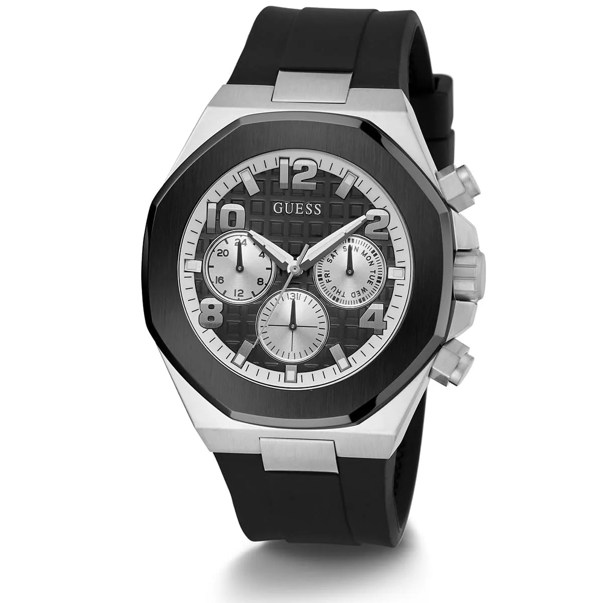 Angled view of the Guess GW0583G1 highlighting the brushed silver finish and octagonal shape