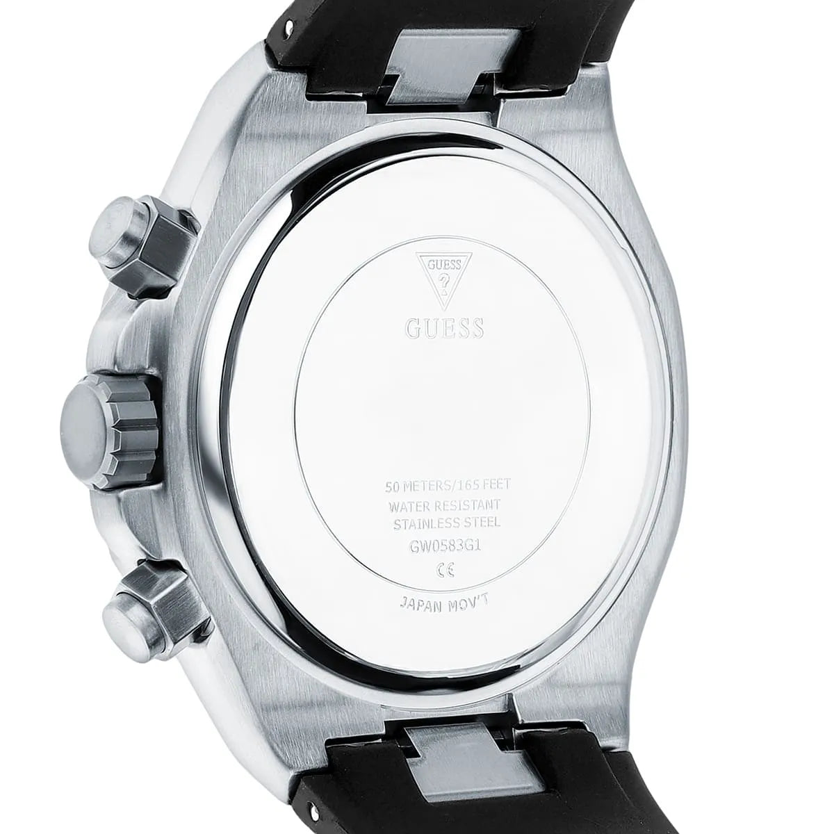 Back view of the Guess GW0583G1 watch showing the stainless steel caseback and Empire details